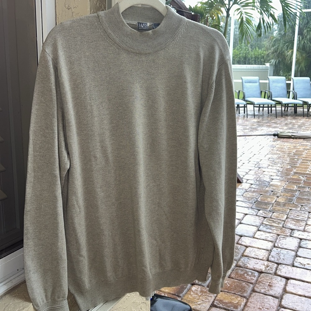 Saks Fifth Avenue Tan Brown sz L Cotton Blend Mock Neck Sweater EUC Stretch VTG - Picture 14 of 16